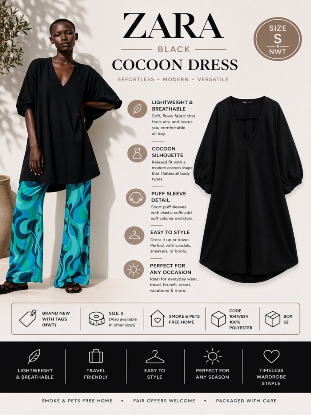 ZARA Black Cocoon Mini Dress Puff Sleeve V Neck NWT Size S